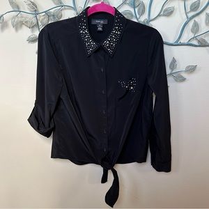❤️Style & Co. Black collared embellished button up shirt Sz PM EUC CLEARANCE